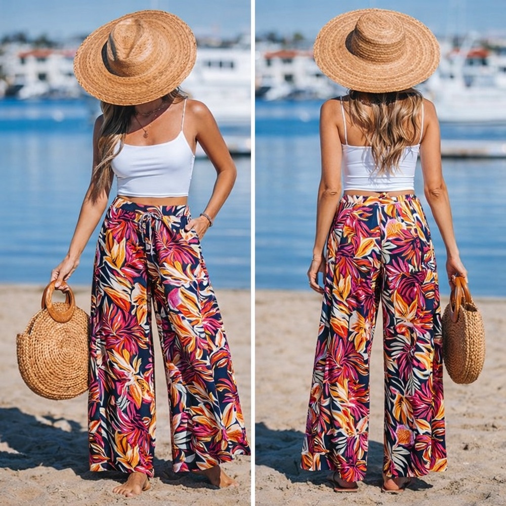 C & C California 100% Linen Wide Pants w/Pockets Tropical Floral Beach Sz Large - Picture 14 of 14